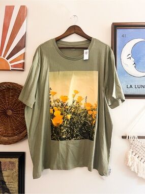 Old Navy Olive Green Short Sleeve Tee with Yellow Floral Print